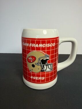 Vintage EUC SF 49ers NF Papel Ceramic Coffee Beer Mug Stein Orange Checker Board